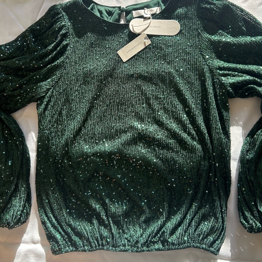 Anthropologie Dark Green Sequin Blouse - Picture 3 of 13